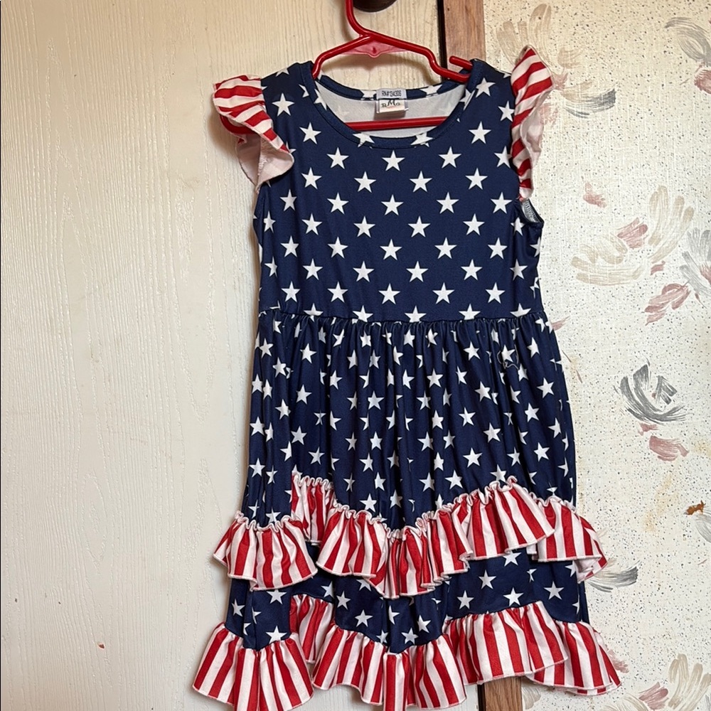 Navy Starry Kids Dress with Red Striped Ruffles
